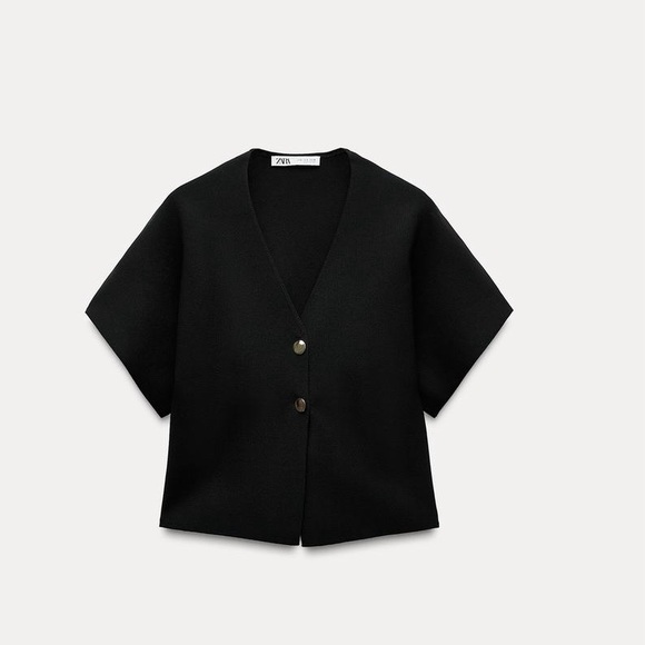 ZARA Black Structured Short Sleeves Knit Top Sweater Blouse gold buttons Medium - Picture 2 of 4